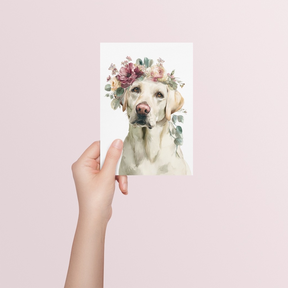 Watercolor Labrador Retriever with Flower Crown Portrait Wall Art Print Unframed - Picture 5 of 7